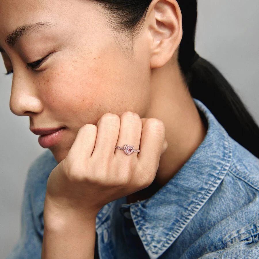 Anillo Pandora En Oro Rosa De 14k Corazón Brillante Rosa Elevado