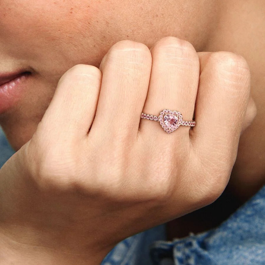 Anillo Pandora En Oro Rosa De 14k Corazón Brillante Rosa Elevado