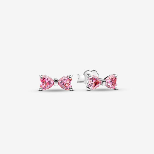 Aretes Pandora Botón Lazo Rosa Brillante En Plata y Cristal Rosa