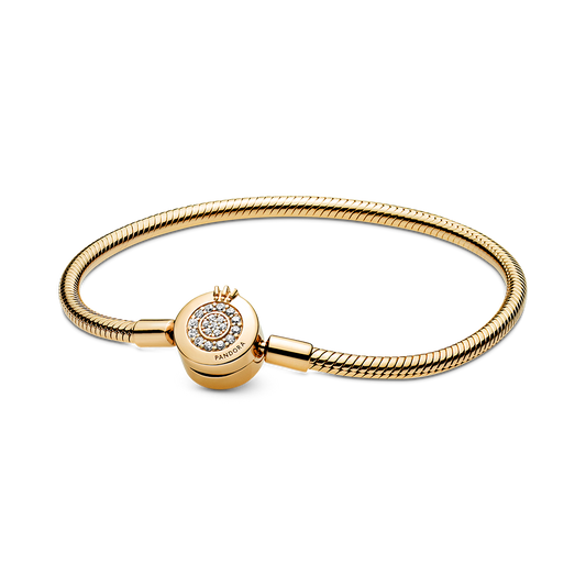 Pulsera Pandora Cadena De Serpiente Corona Oro 14k y 2 Charms
