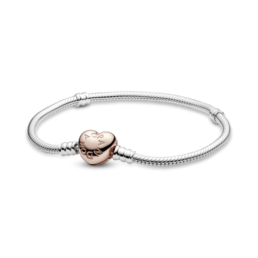 Brazalete Pandora Moments cadena de serpiente con broche de corazón en Recubrimiento en Oro Rosa de 14k - Jewelry Deals